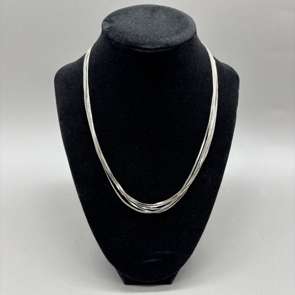 Trifari Jewelry - Trifari Silver Plated Multi Strand Herringbone Necklace Layered Chain 18" 1980s